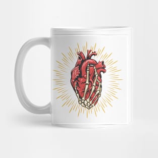 Skeleton Hand Holds Heart Tattoo on white Background Mug